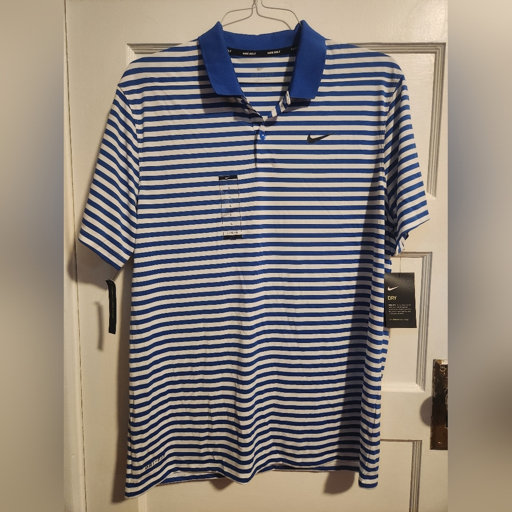 Nike Blue and White Striped Polo Shirt